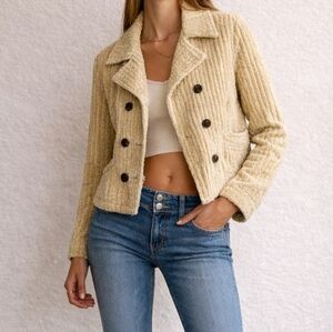 Vtg Y2K Chenille Wide-Wale Corduroy Double-Breasted Jacket Butter Yellow Cream M